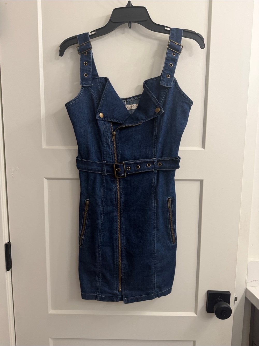 Fitted Dark Blue Denim Mini Dress with Buckle Straps